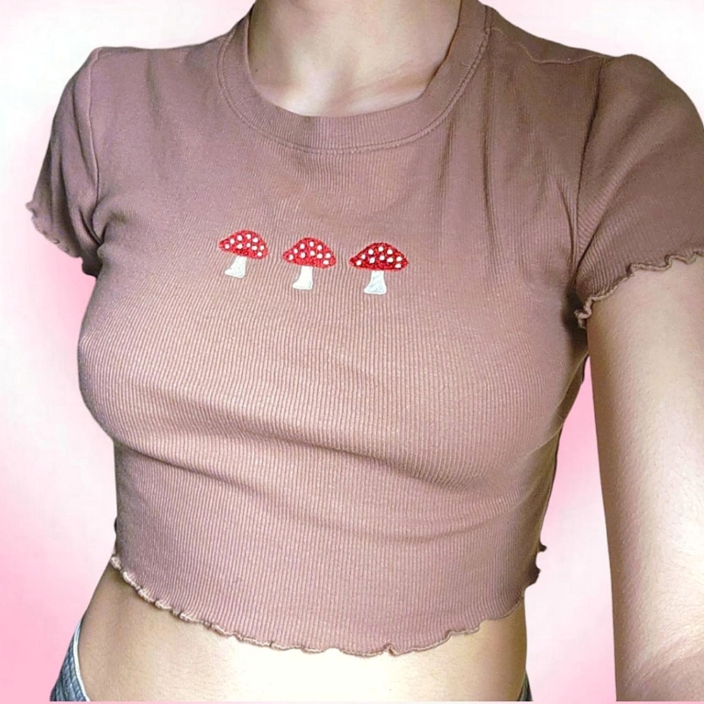 Tan Mushrooms Shrooms Lettuce Trim Graphic Cropped Stoner Fairy Baby Tee